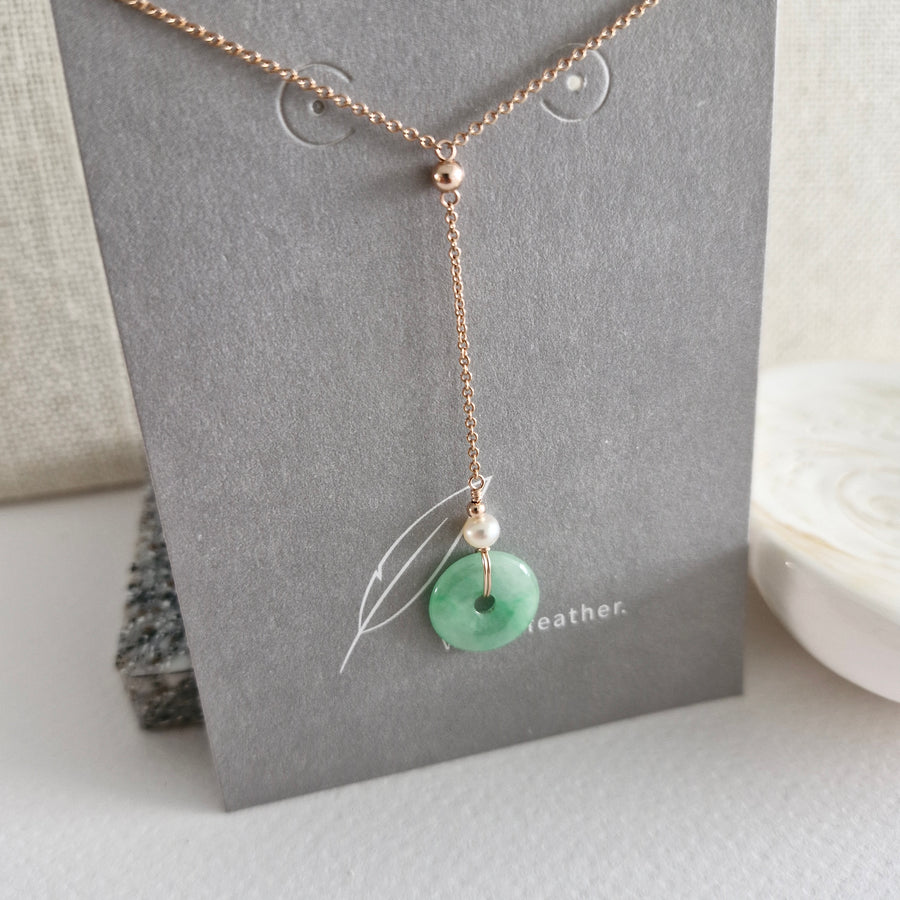 Edith Y-Necklace w/Freshwater Pearl | 12.5mm x 2mm Green Jade Donut