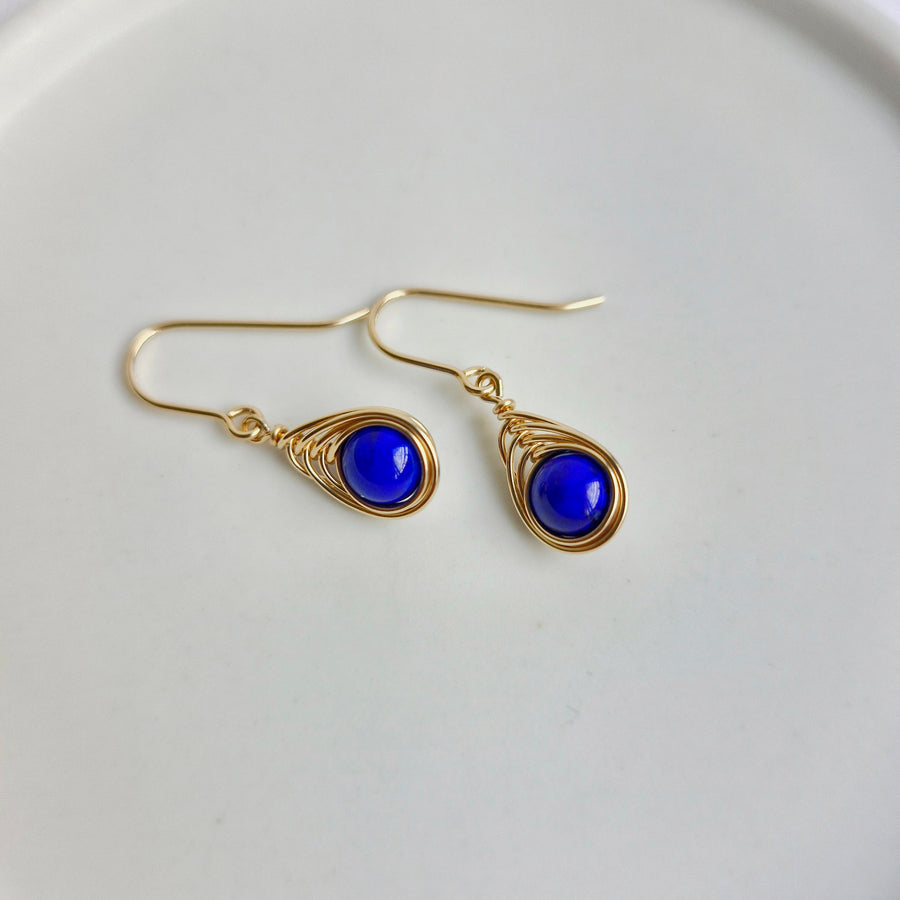 Herringbone Wirewrapped Lapis Lazuli Earrings / 14k Gold-filled