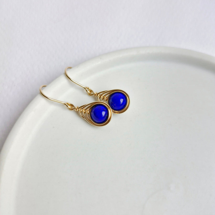 Herringbone Wirewrapped Lapis Lazuli Earrings / 14k Gold-filled