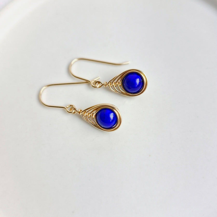 Herringbone Wirewrapped Lapis Lazuli Earrings / 14k Gold-filled