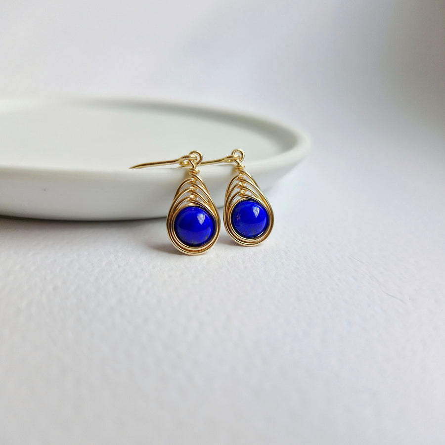 Herringbone Wirewrapped Lapis Lazuli Earrings / 14k Gold-filled