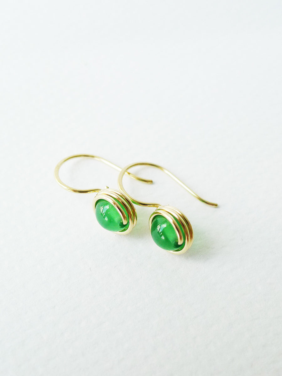 Green Agate Wrapped Drop Earrings / 14k Gold-filled