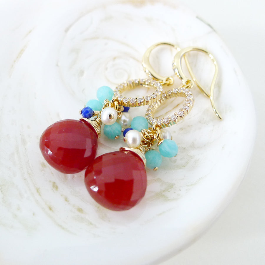 Meera Earrings / Carnelian / Freshwater Pearl / Gemstones
