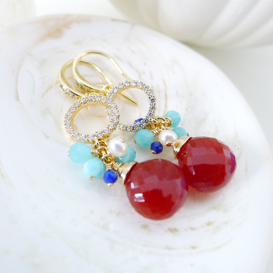 Meera Earrings / Carnelian / Freshwater Pearl / Gemstones